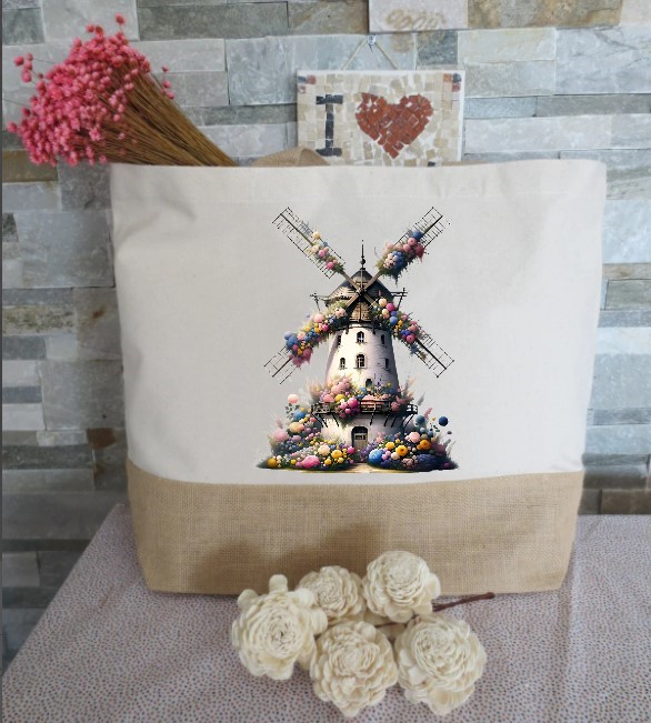moulin fleurs transfert thermocollant impression dtf flex textile sac shopping mains dos voyage plage sport