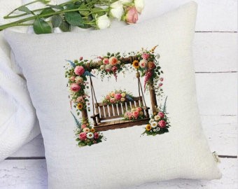balançoire bois fleurs transfert thermocollant impression dtf flex textile coussin accessoires déco oreillers