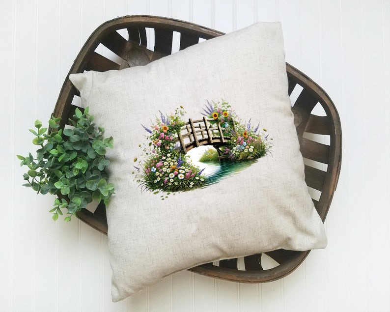 pont bois fleurs transfert thermocollant impression dtf flex textile coussin oreillers accessoires déco