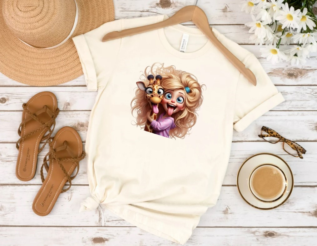 Girafe Fille Grimace Humour transfert thermocollant impression dtf flex textile t-shirt femme enfant homme pull top veste jeans sweat