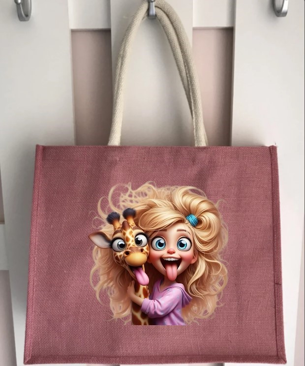 Girafe Fille Grimace Humour transfert thermocollant impression dtf flex textile sac shopping mains sport voyage dos plage