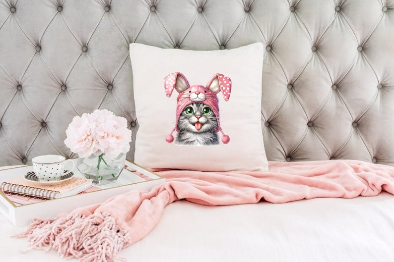 Chat Lapin Humour Transfert Thermocollant Impression DTF Flex Textile coussin oreiller accessoires déco