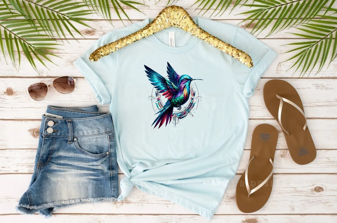 Oiseau Colibri bleu transfert thermocollant impression dtf flex textile t-shirt femme homme enfant weat pull veste jeans