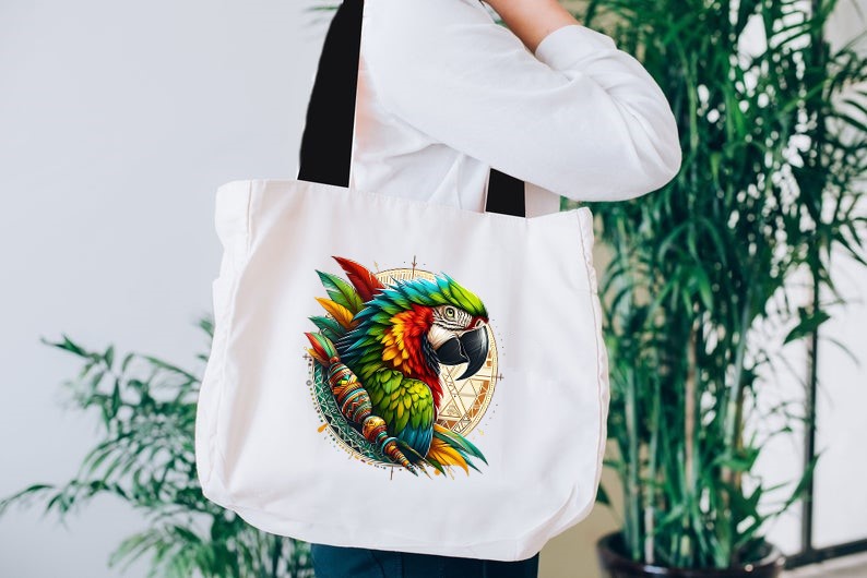 Perroquet Plumes Bleu vert Rouge transfert thermocollant impression dtf flex textile sac shopping dos voyage plage mains sport