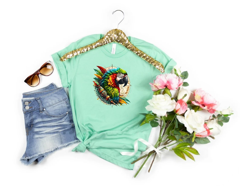 Perroquet Plumes Bleu vert Rouge transfert thermocollant impression dtf flex textile t-shirt femme homme enfant sweat veste jeans pull top