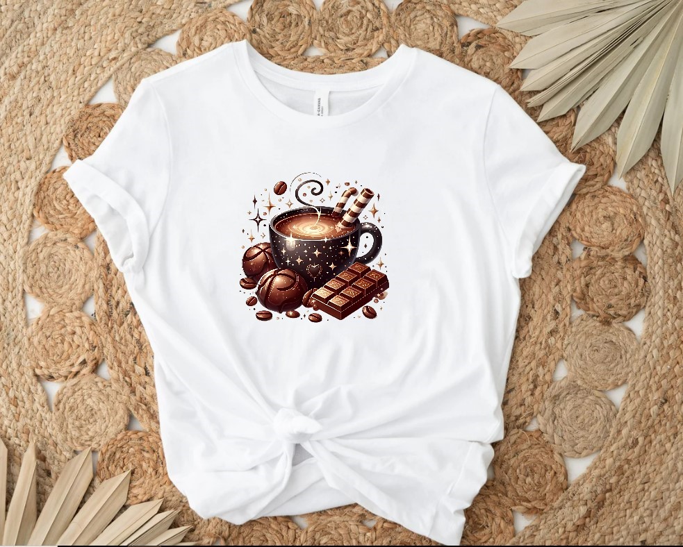 Tasse Chocolats Grains Café transfert thermocollant impression dtf flex textile t-shirt femme enfant homme jeans veste