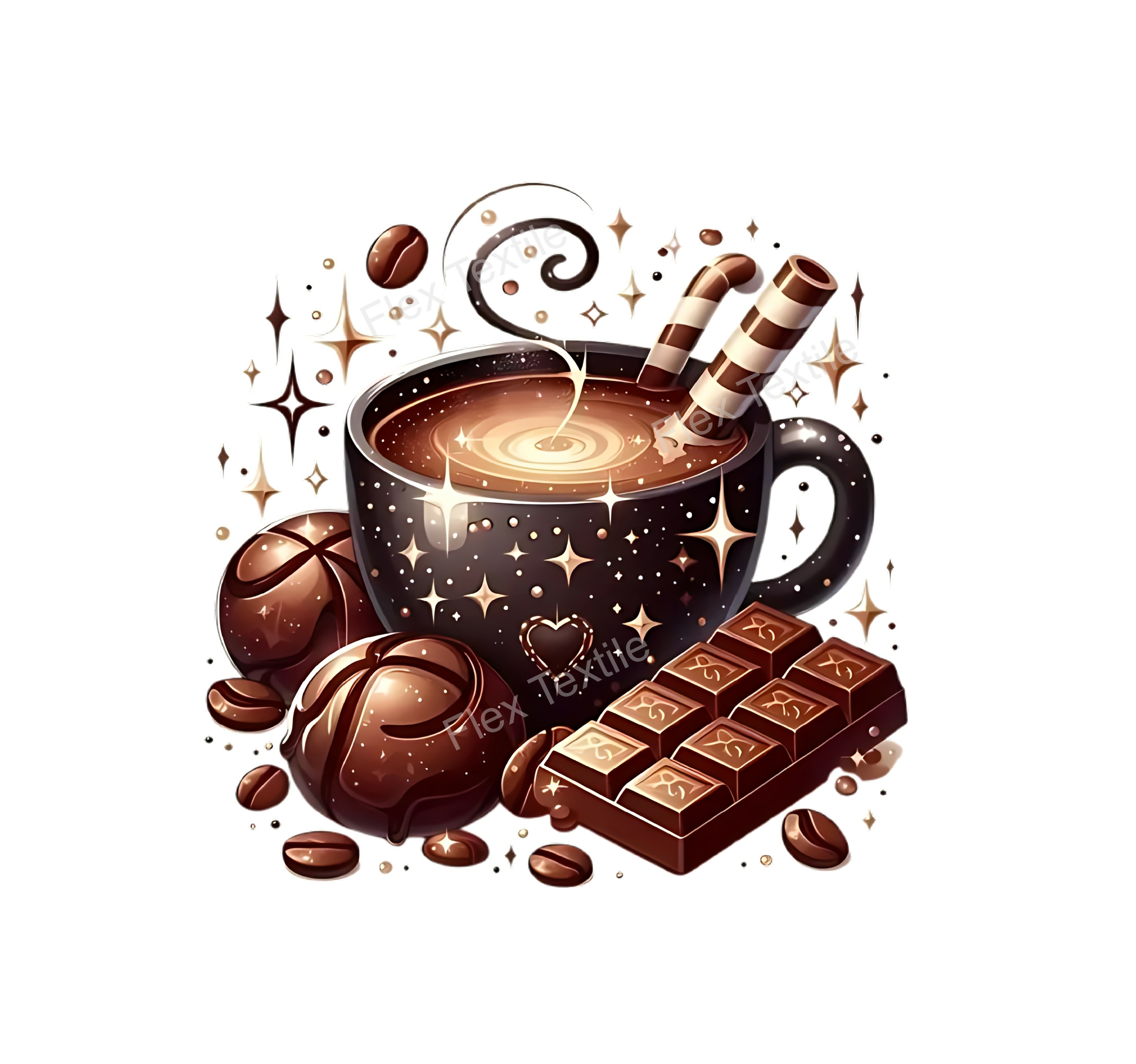 Tasse Chocolats Grains Café transfert thermocollant impression dtf flex textile