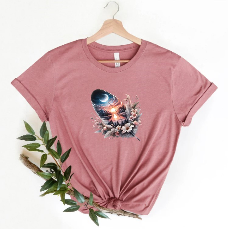 Plume Paysage Montagnes Lac Fleurs transfert thermocollant impression dtf flex textile t-shirt femme enfant homme top débardeur jeans veste