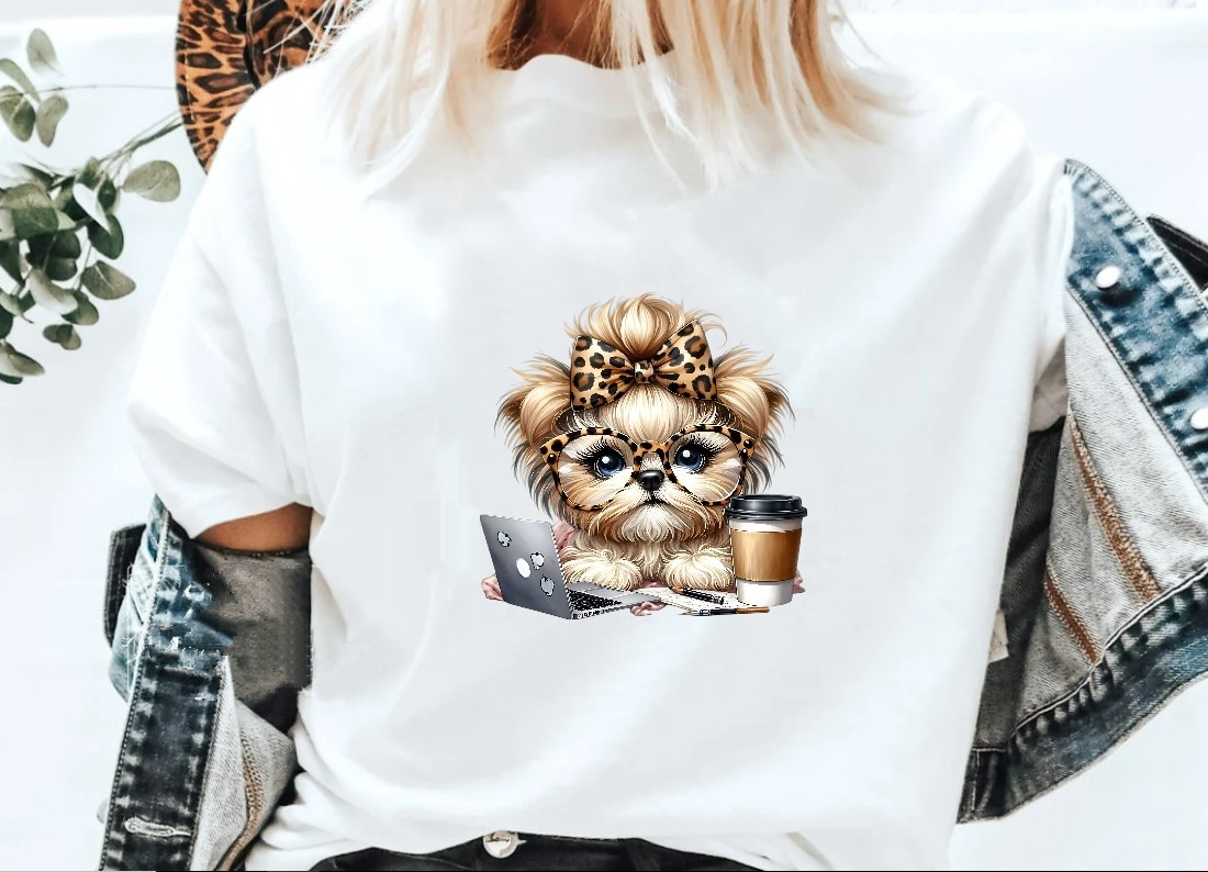 Chien Pc Café Lunettes transfert thermocollant impression dtf flex textile t-shirt femme homme enfant sweat jeans veste pull top