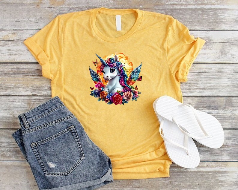 Licorne Fleurs Papillons Couleurs transfert thermocollant impression dtf flex textile t-shirt femme enfant homme sweat veste jeans débardeur pull top
