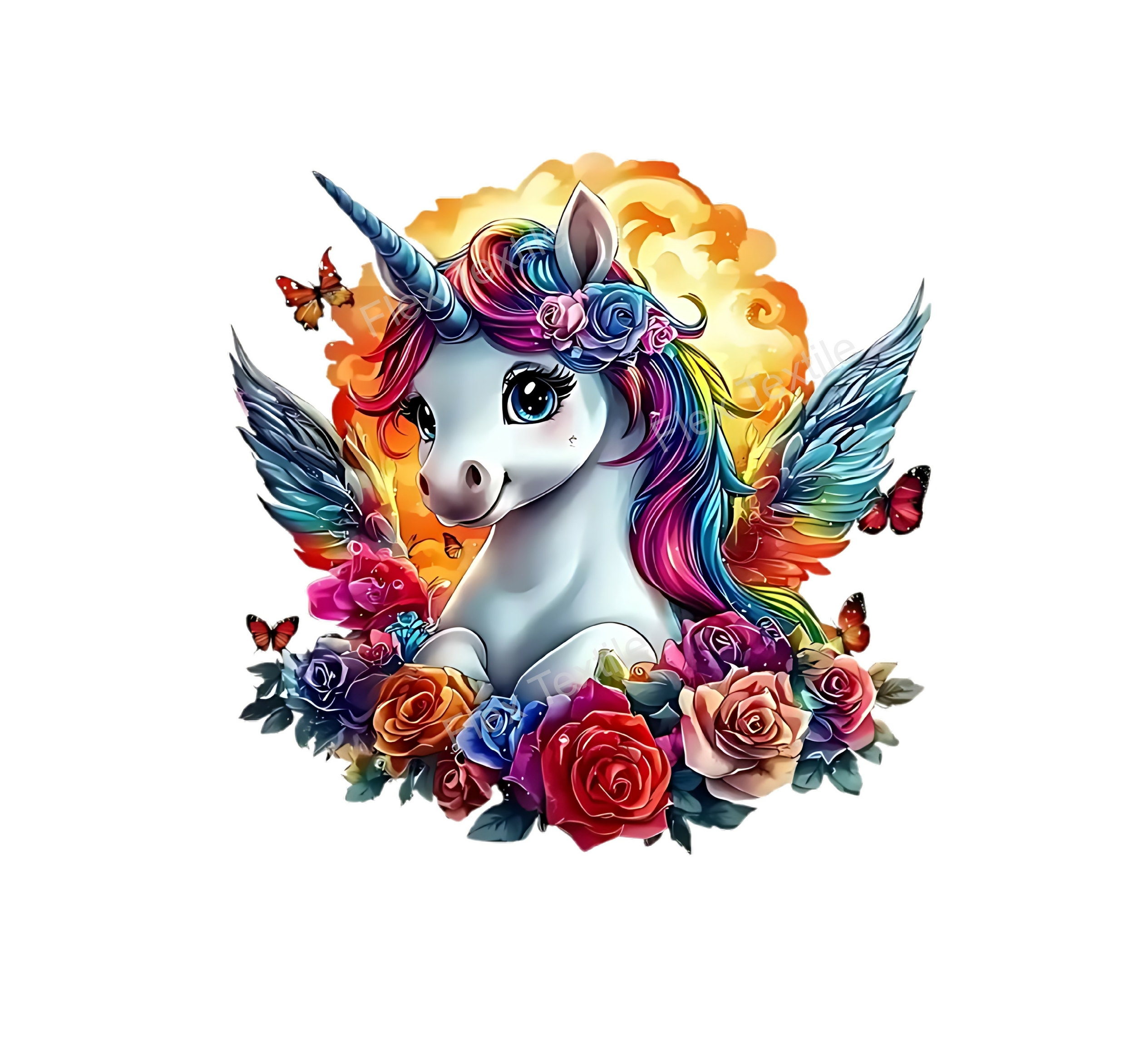 Licorne Fleurs Papillons Couleurs transfert thermocollant impression dtf flex textile