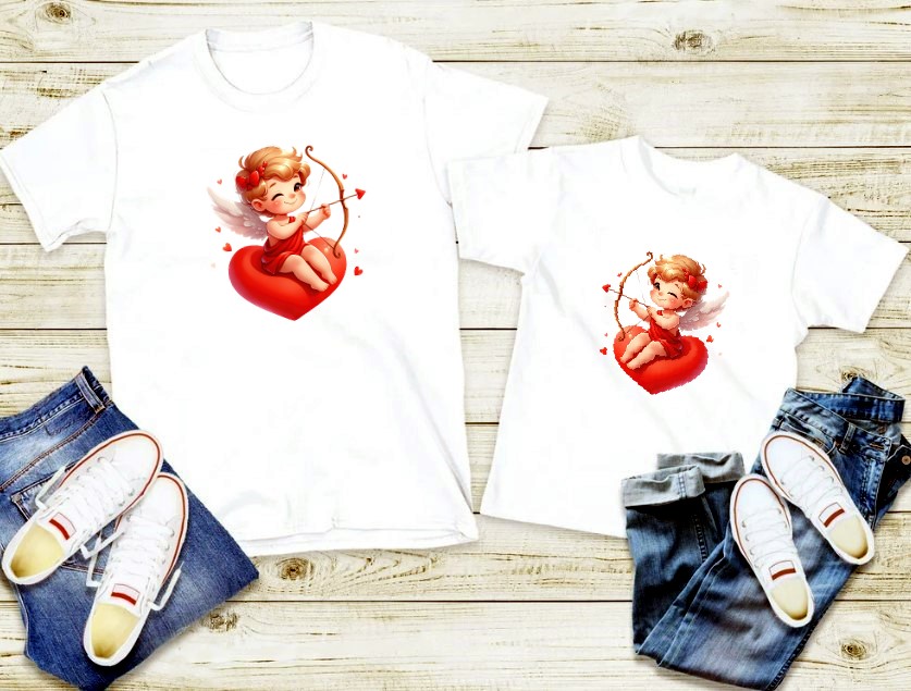 Cupidon Coeur transfert thermocollant impression dtf flex textile t-shirt femme enfant homme top sweat pull jeans veste