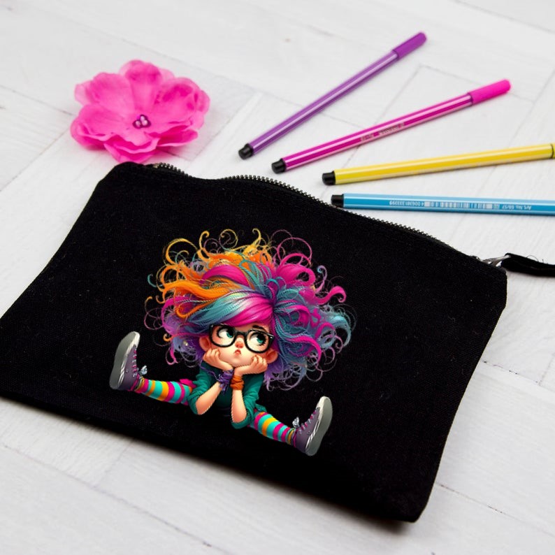 Humour Personnage Assis transfert thermocollant impression dtf flex textile trousse école maquillage make up toilette
