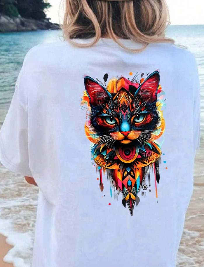 Tête Chat Magnique Couleurs transfert thermocollant impression dtf flex textile t-shirt femme enfant homme veste jeans top débardeur
