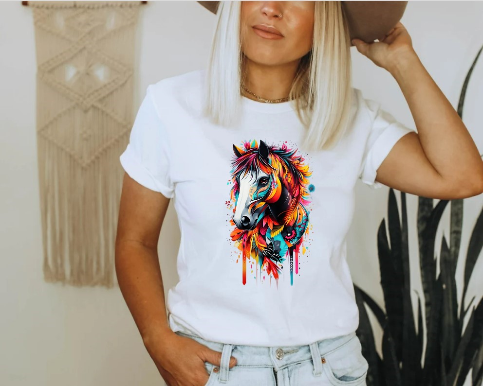 Magnifique Tête Cheval Couleurs transfert thermocollant impression dtf flex textile t-shirt femme homme enfant top débardeur sweat jeans veste