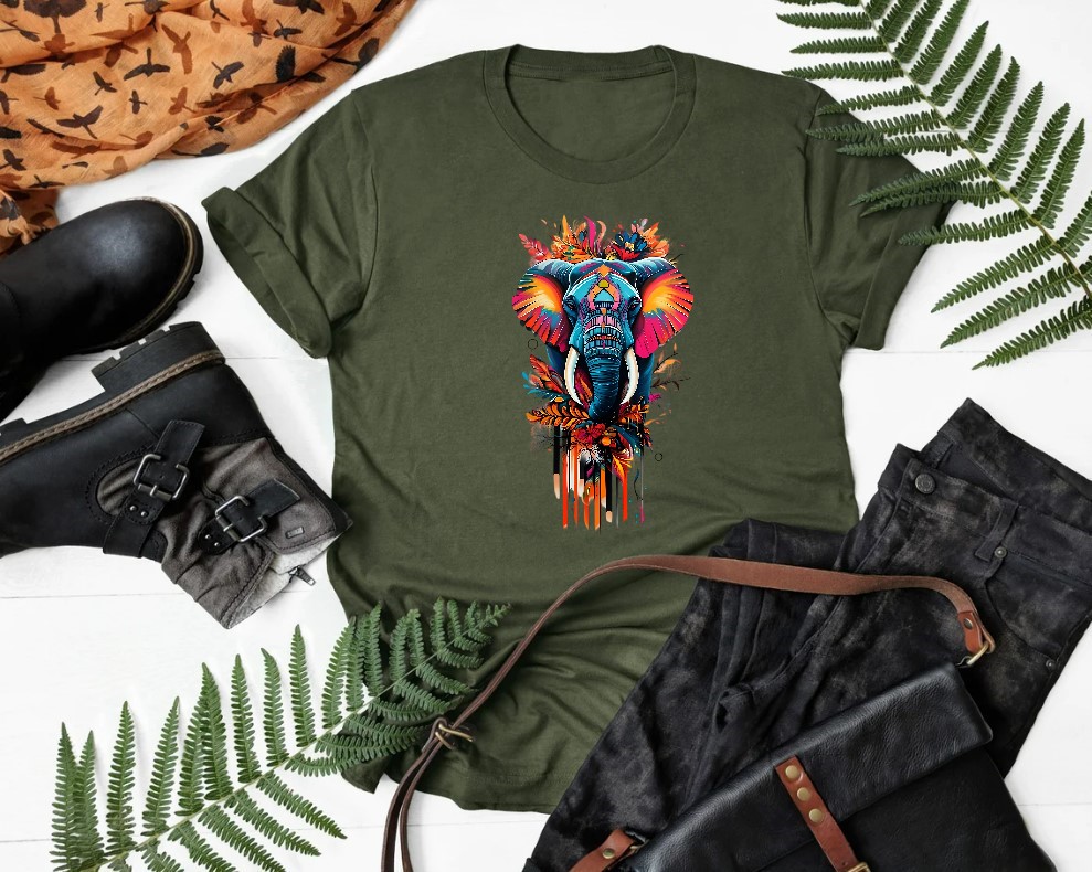 Eléphant Fleurs Feuilles Couleurs transfert thermocollant impression dtf flex textile t-shirt veste pull sweat homme femme enfant