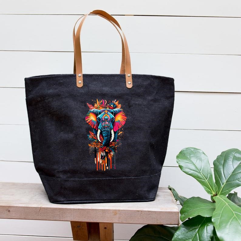 Eléphant Fleurs Feuilles Couleurs transfert thermocollant impression dtf flex textile sac shopping dos voyage plage sport