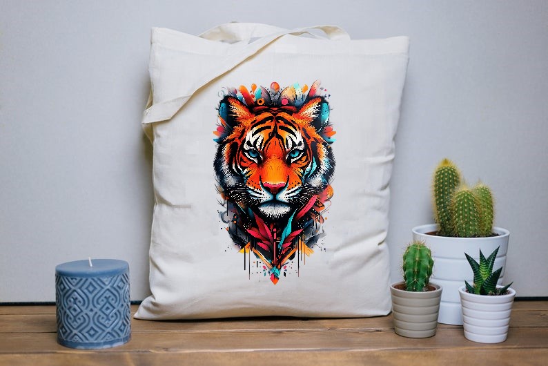 Tête Tigre Magnifique transfert thermocollant impression dtf flex textile sac shopping dos mains voyage plage sport