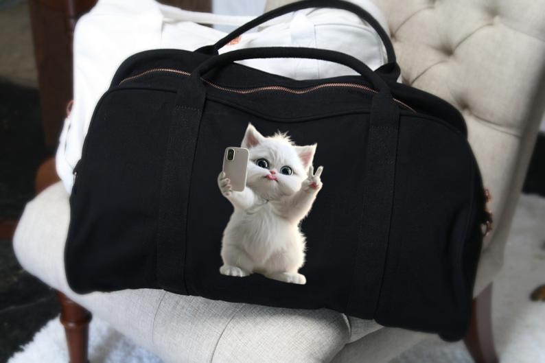 Chat Blanc Selfie transfert thermocollant impression dtf flex textile sac shopping sport voyage dos plage mains