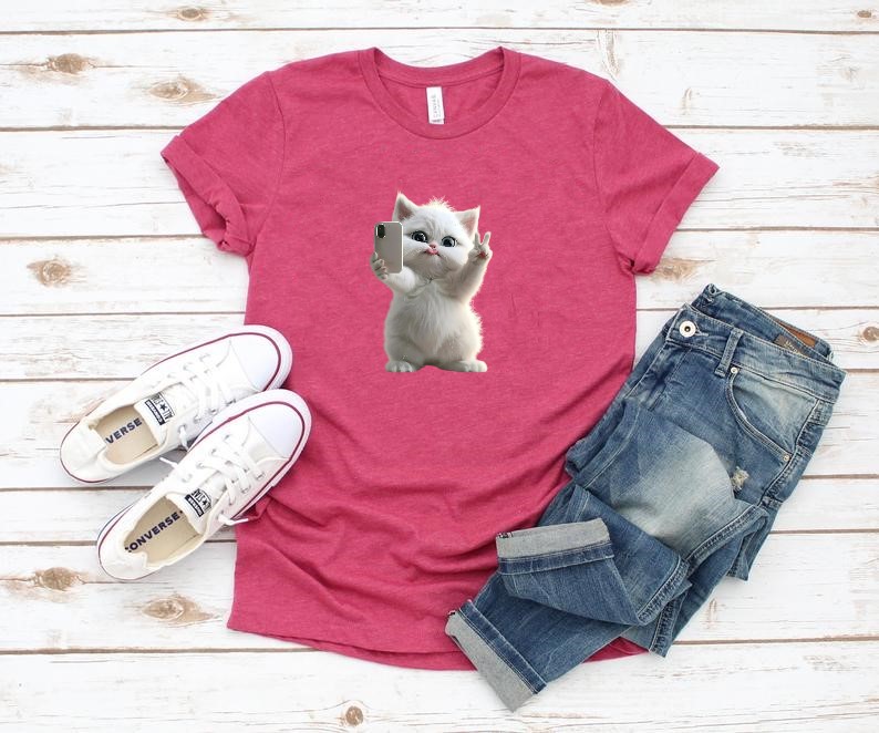 Chat Blanc Selfie transfert thermocollant impression dtf flex textile t-shirt femme enfant homme sweat jeans veste top pull