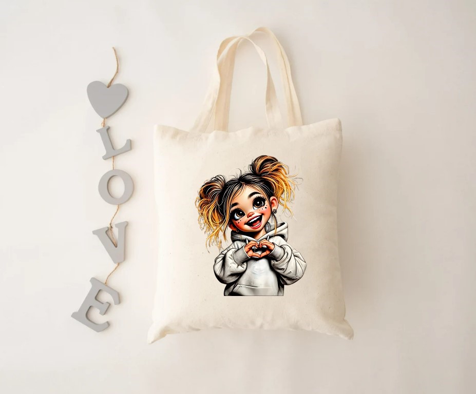 Jeune Fille Couettes Coeur Mains transfert thermocollant impression dtf flex textile sac shopping plage dos voyage sport mains
