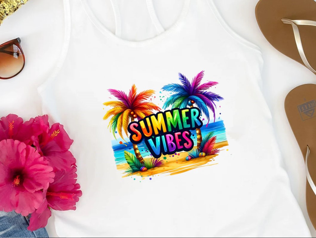 Summer Vibes Rainbow Palmiers transfert thermocollant impression dtf flex textile t-shirt top pull sweat débardeur homme femme enfant jeans veste