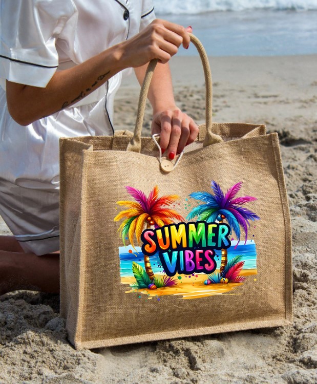 Summer Vibes Rainbow Palmiers transfert thermocollant impression dtf flex textile sac splage voyage dos mains shopping