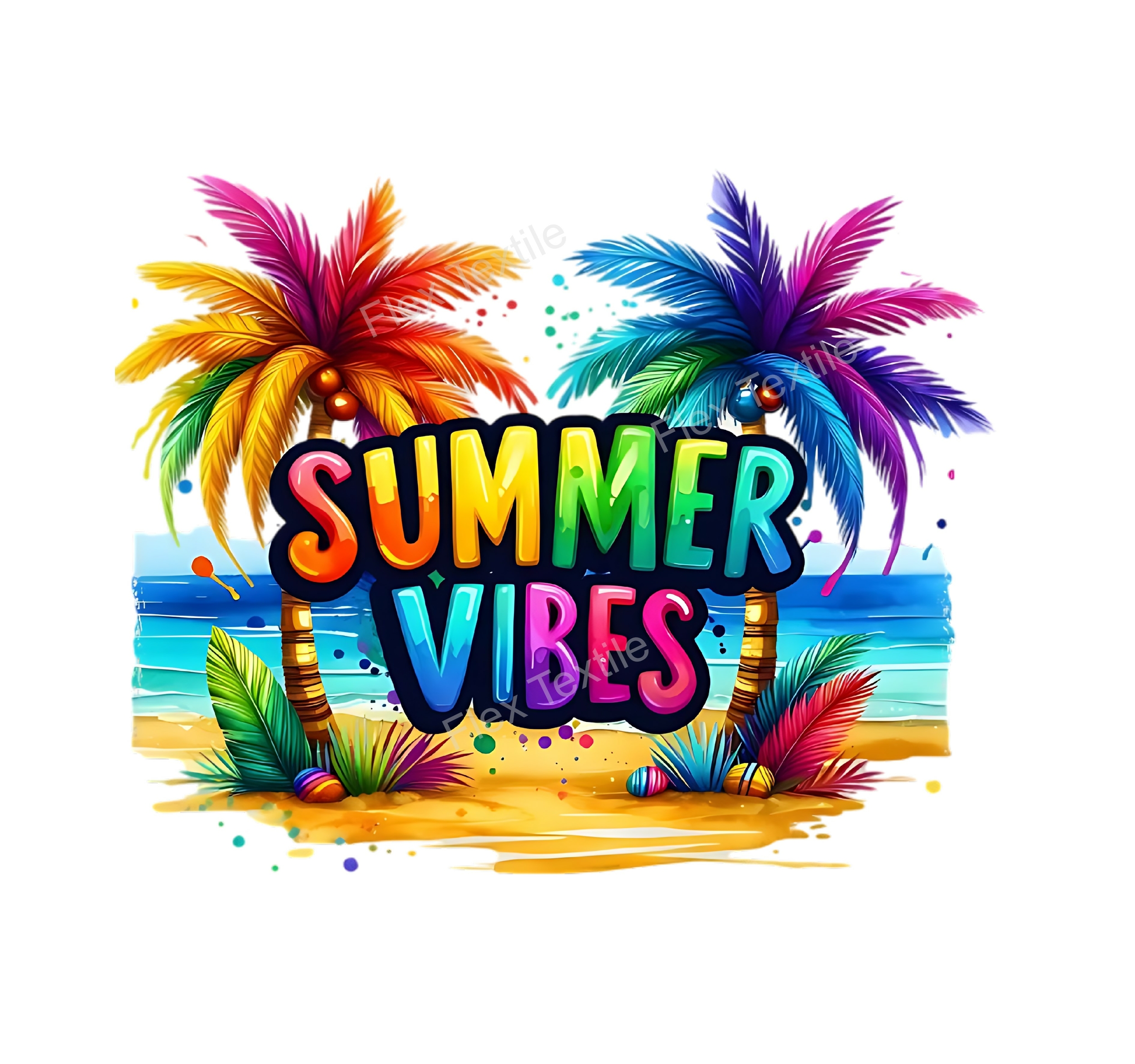 Summer Vibes Rainbow Palmiers transfert thermocollant impression dtf flex textile