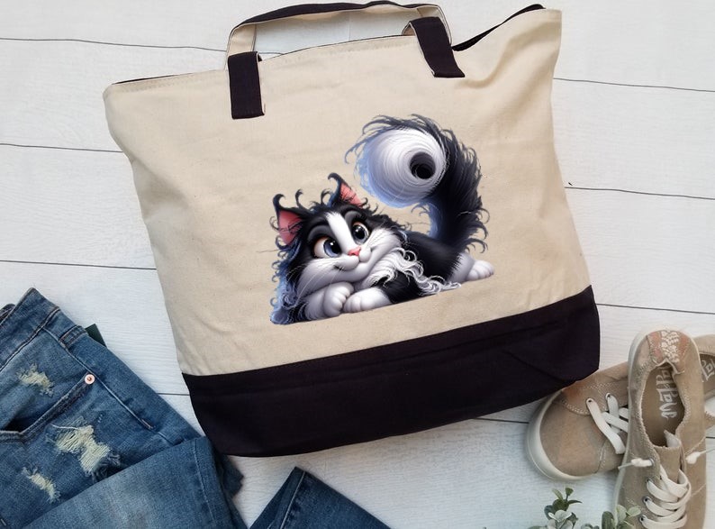 Chat Allongé Noir Blanc Transfert Thermocollant Impression dtf flex textile sac shopping dos mains voyage plage sport
