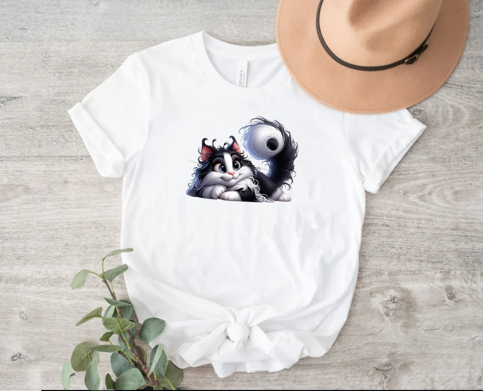 Chat Allongé Noir Blanc Transfert Thermocollant Impression dtf flex textile t-shirt femme enfant homme pull top veste jeans sweat