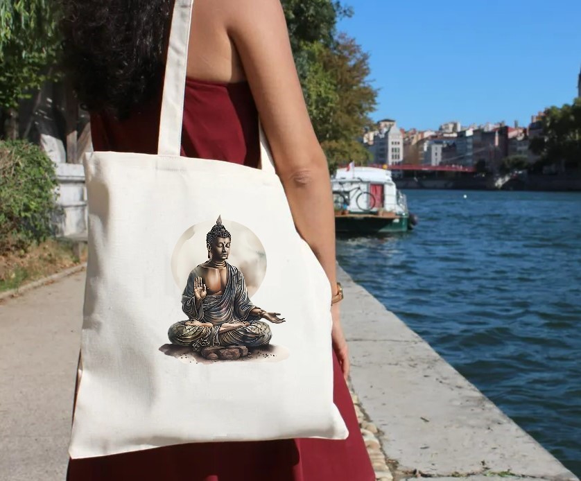 Statuette Bouddha transfert thermocollant impression dtf flex textile sac shopping plage dos mains voyage sport