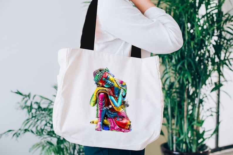 Bouddha Assis transfert thermocollant flex textile sac toile juste shopping main plage sport