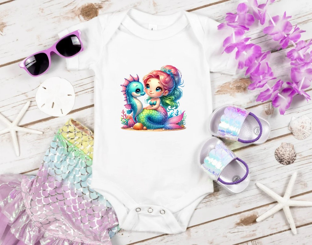 Sirène Hippocampe transfert thermocollant flex textile body vêtement enfant bébé garçon fille
