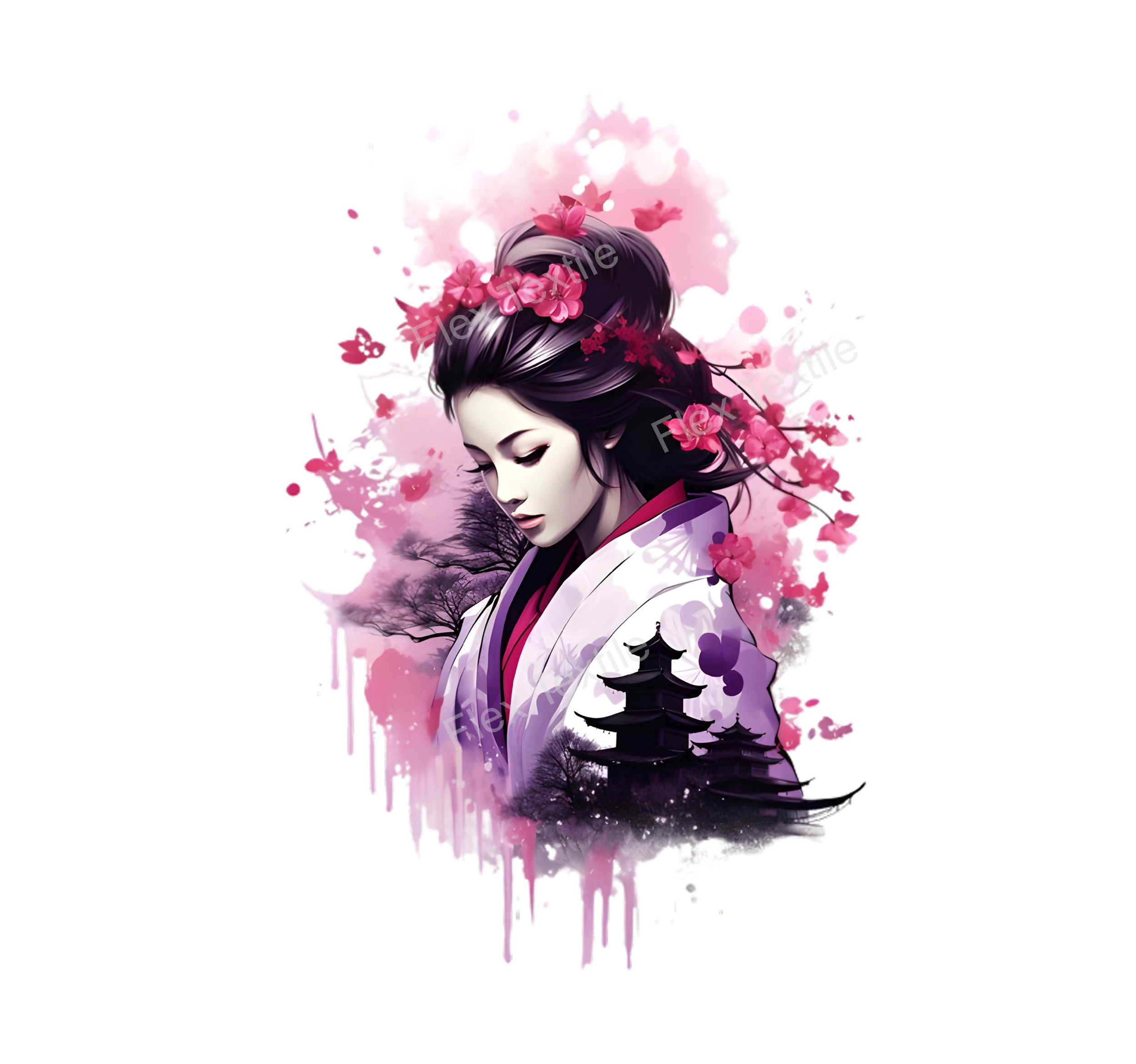 Femme Asiatique Fleurs transfert thermocollant flex textile