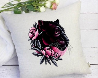 Tête Panthère Noire Fleurs transfert thermocollant flex textile coussin oreiller déco