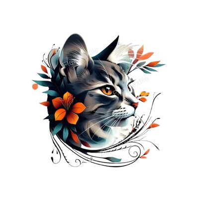 chat gris fleurs transfert thermocollant impression dtf flex textile