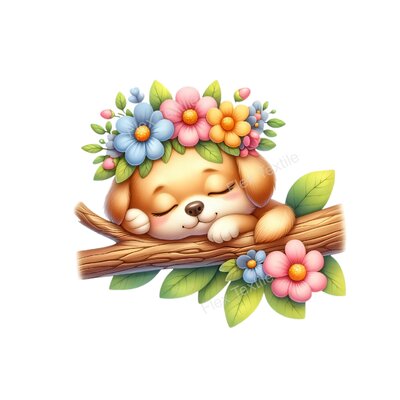 chien dort branche fleurs transfert thermocollant impression dtf flex textile