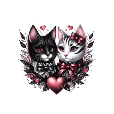 chats noir blanc coeurs transfert thermocollant impression dtf flex textile