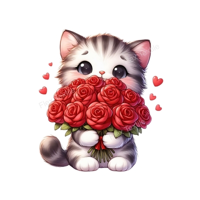 chat bouquet fleurs rouges transfert thermocollant impression dtf flex textile