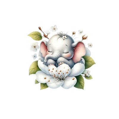 Bebe elephant dort fleur transfert thermocollant impression DTF flex textile