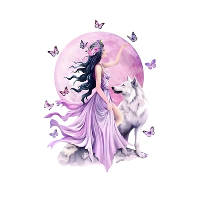 Femme Loup Papillons transfert thermocollant impression dtf flex textile