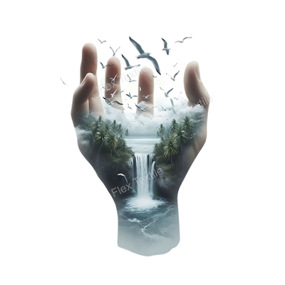 main paysage cascade transfert thermocollant impression dtf flex textile