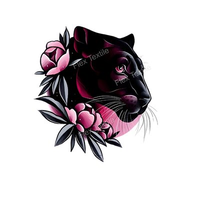 Tête Panthère Noire Fleurs transfert thermocollant flex textile