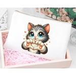 Chat Coeur Mains Impression DTF Flex textile pochette trousse cat coeur mains love prêt à poser motif thermocollant