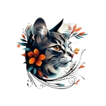 chat gris fleurs transfert thermocollant impression dtf flex textile