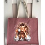 femme tasse café transfert thermocollant impression dtf lfex textile sac shopping mains plage sport cabas