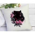 Tête Panthère Noire Fleurs transfert thermocollant flex textile coussin oreiller déco