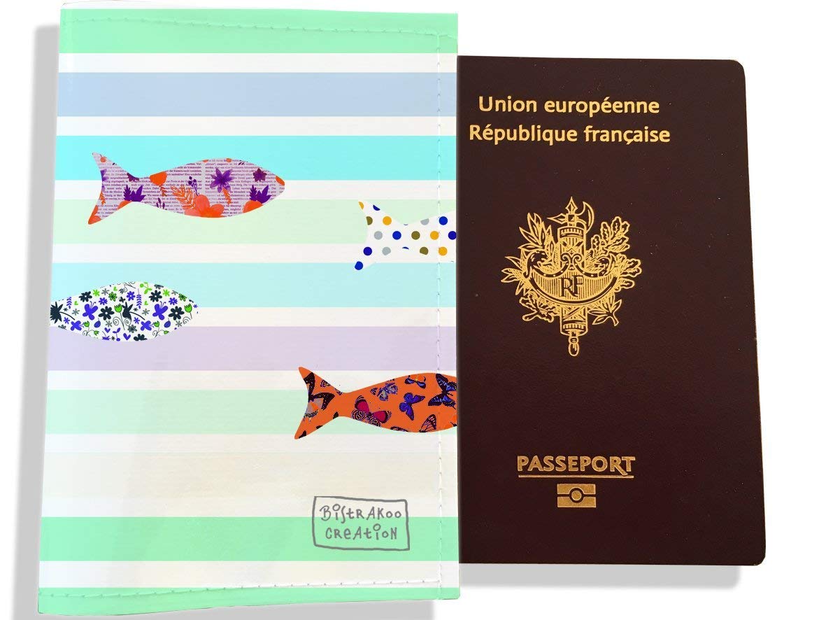 Protège passeport femme marinière rose poissons multicolores 3149-2017 