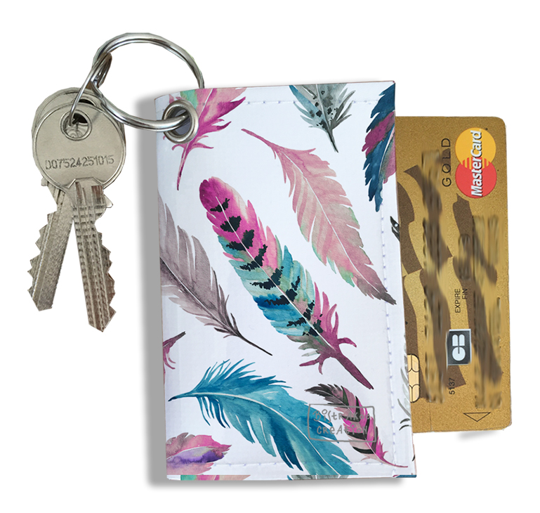 Porte-Clés Pratique pour Cartes & Photos - Accessoire compact pour ranger vos cartes et clés en toute facilité - Plumes multicolores
