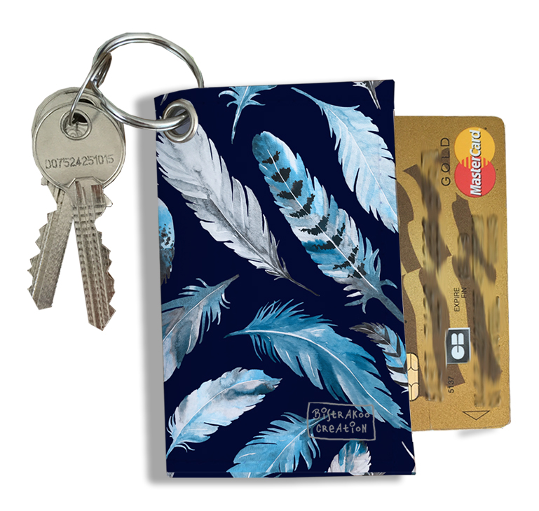 Porte clé carte pour motif Plumes grises et bleues
